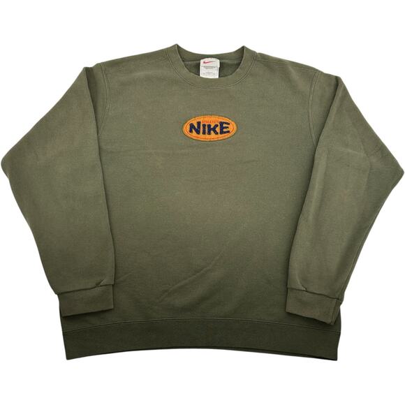 VTG 90s Mens Olive Green Nike Athletic Swoosh Center Logo Crewneck Sweatshirt~ L - Picture 1 of 6